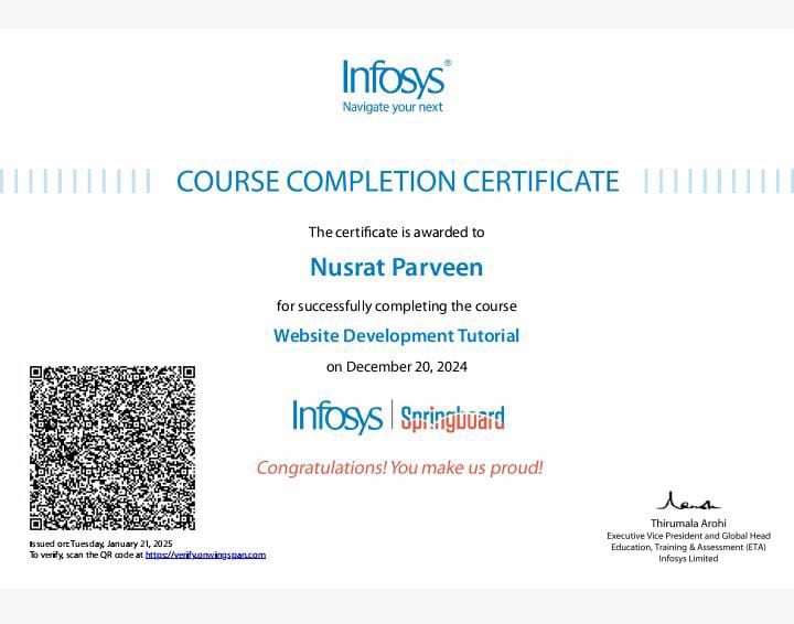 Infosys Web Development Certificate